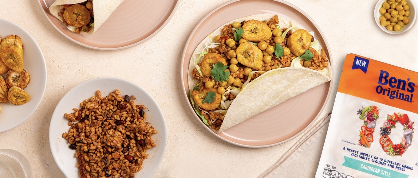 Ben's 10 Medley rice package - Caribbean Style flavor - on table next to plates of Caribbean Style Wraps