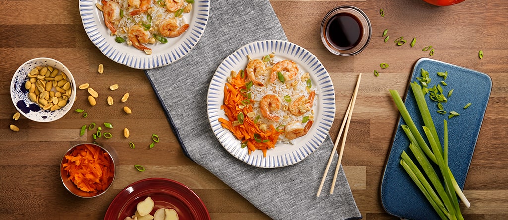 Ponzu glazed shrimp and jasmine herb rice